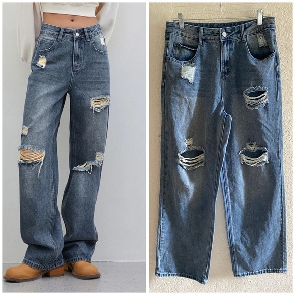 DAZY Cut Out Ripped Frayed Straight Leg Jeans Women’s Size XL High Rise Slouchy - Picture 1 of 11